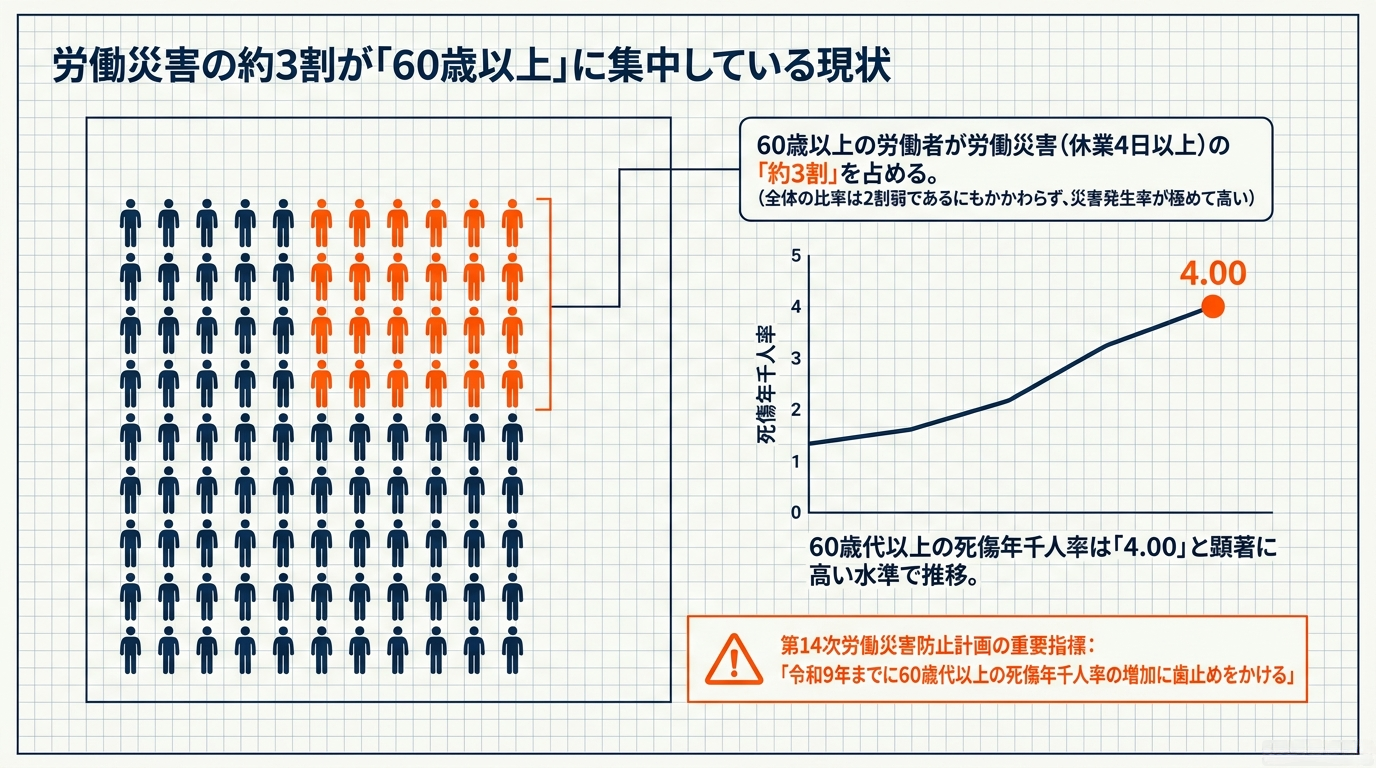 60歳以上の労働者が労働災害の約3割を占めることと、60歳代以上の死傷年千人率が4.00と高水準で推移していることを示すインフォグラフィック