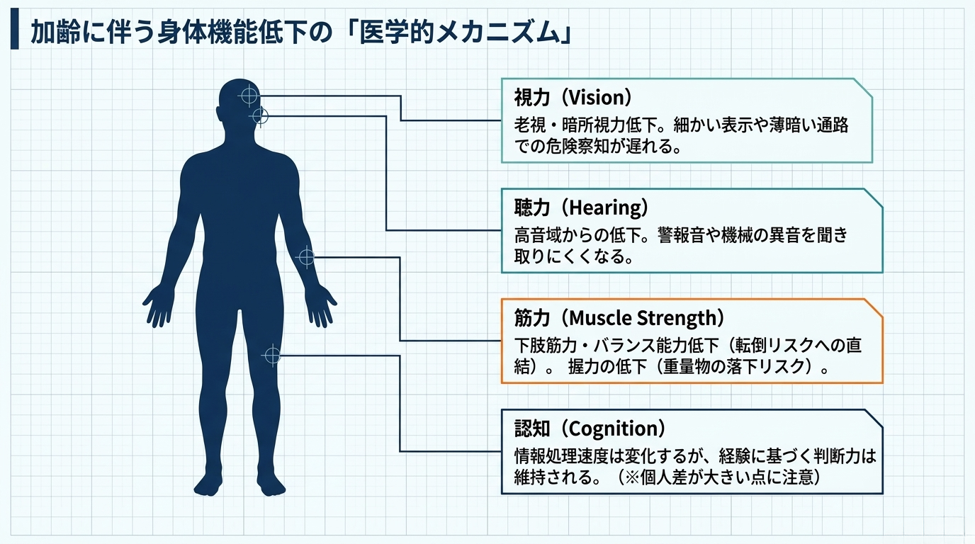 加齢に伴う4つの身体機能変化（視力・聴力・筋力・認知）と、それぞれが職場リスクに与える影響を人体図で示したインフォグラフィック