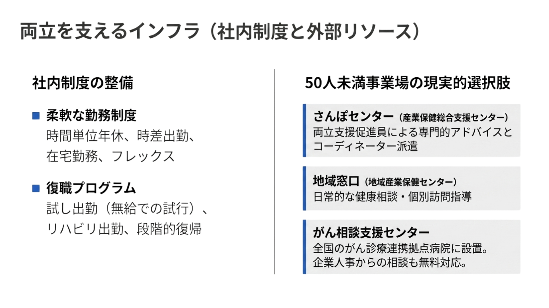 両立を支えるインフラとして社内制度の整備（柔軟な勤務制度・復職プログラム）と50人未満事業場の現実的選択肢（産業保健総合支援センター・地域産業保健センター・がん相談支援センター）を整理したインフォグラフィック